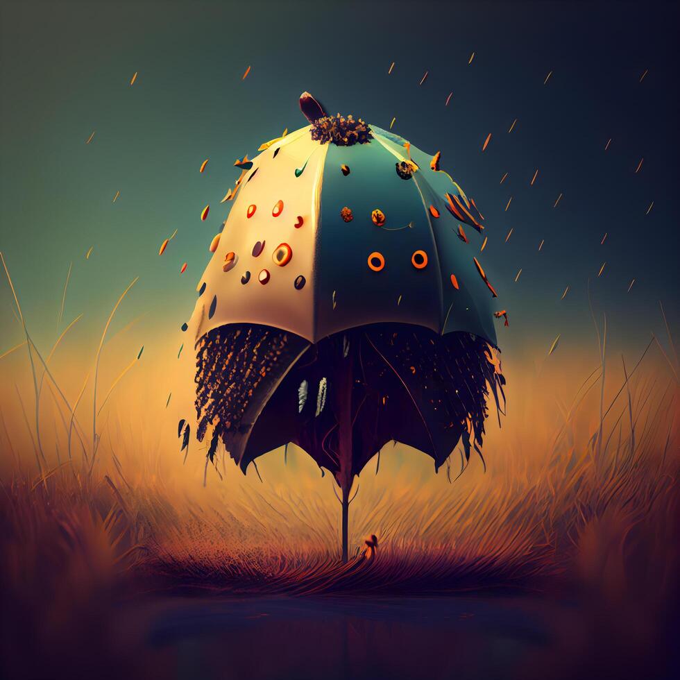 illustration of an umbrella in a foggy field with raindrops, Image photo