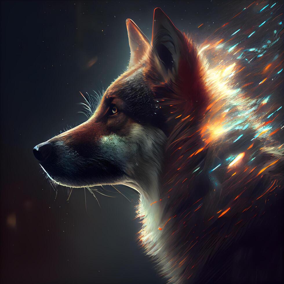 Portrait of a wolf in the light of a starry sky., Image photo