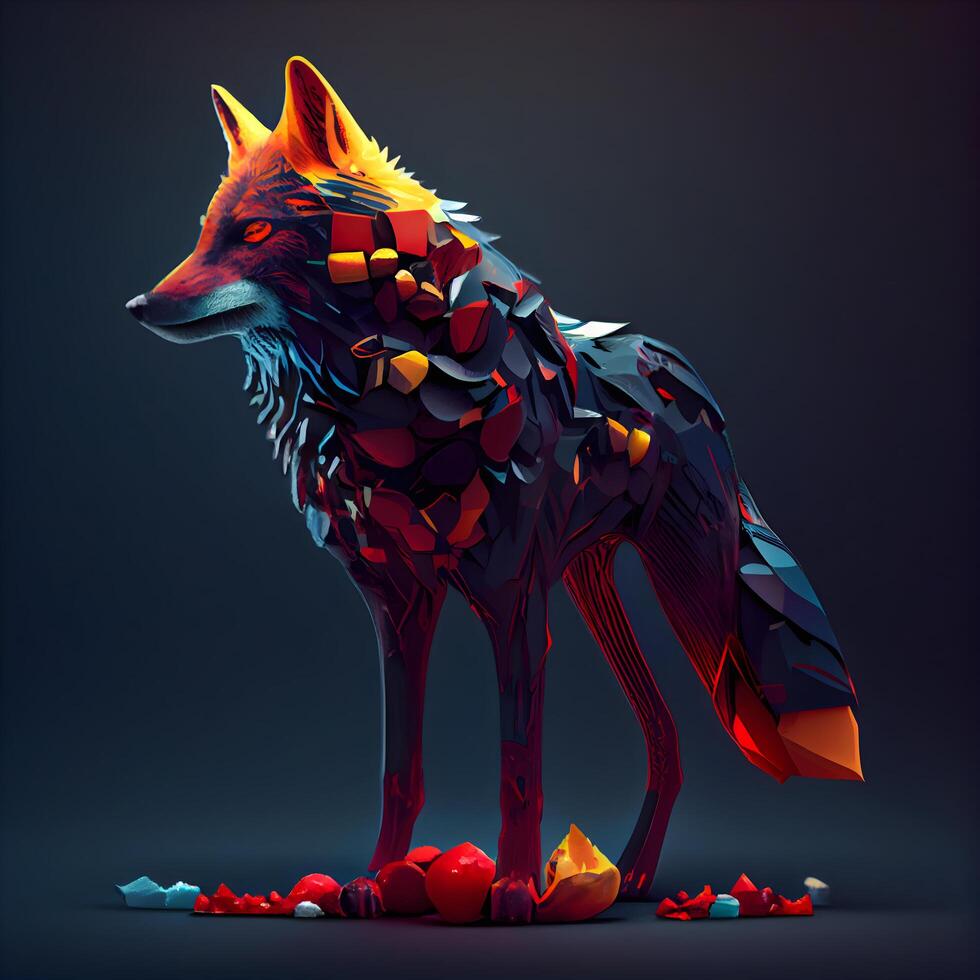 Fantasy polygonal wolf on a dark background. 3d rendering, Image photo