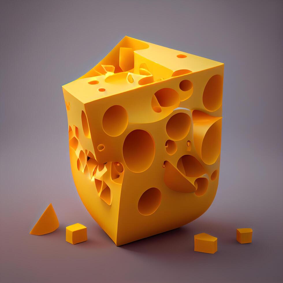 Cheese cube with holes on a gray background. 3d illustration, Image photo