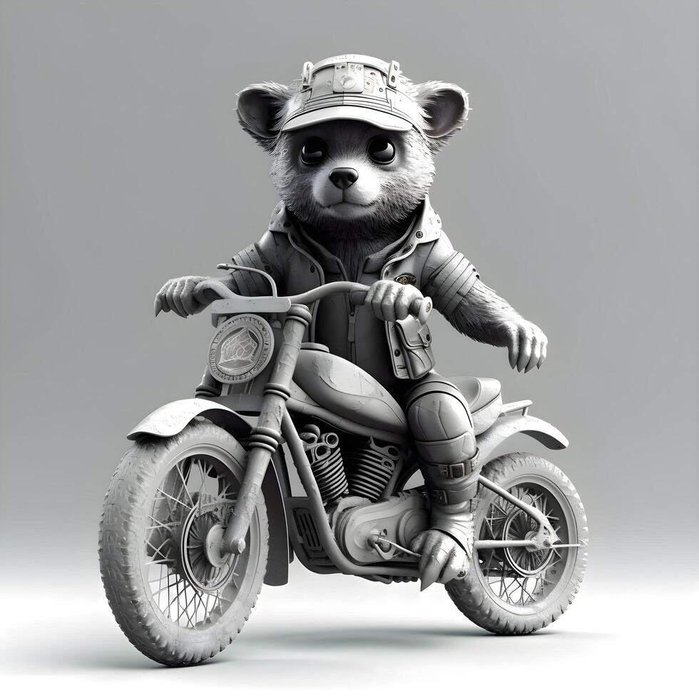 linda pequeño oso en un moto. 3d ilustración., ai generativo imagen foto