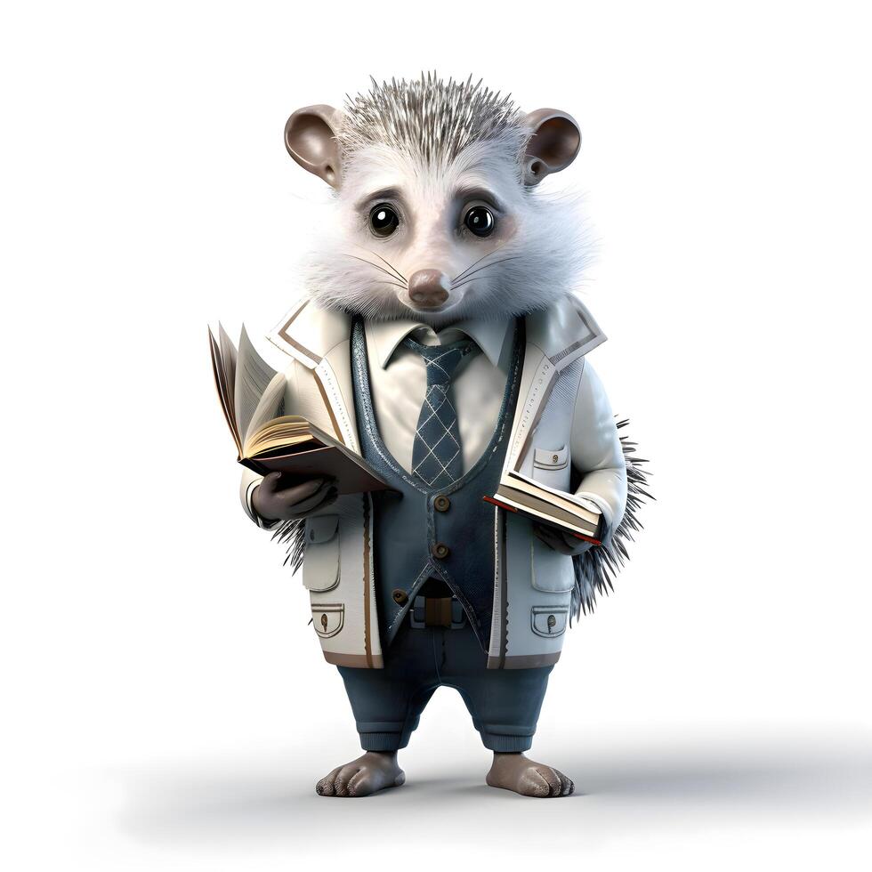 hedgehog in a coat and tie with a book in his hands, Image photo