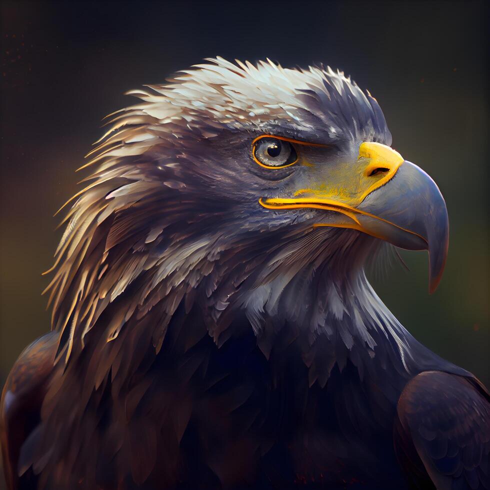 águila retrato de cerca en un oscuro antecedentes. 3d representación, ai generativo imagen foto