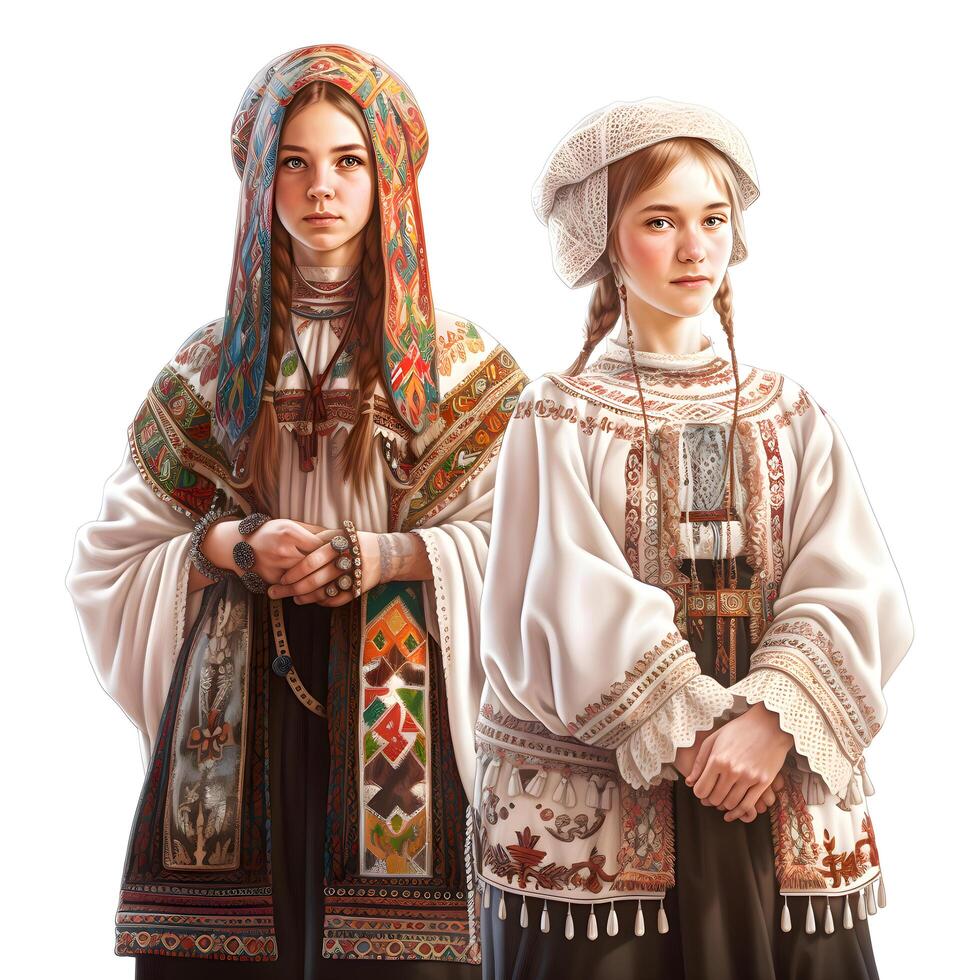 Two girls in traditional russian clothes. Isolated on white background., Image photo