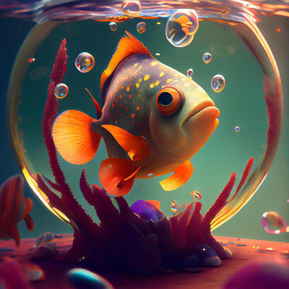 Underwater world. Fish in the aquarium. 3D illustration., Image photo