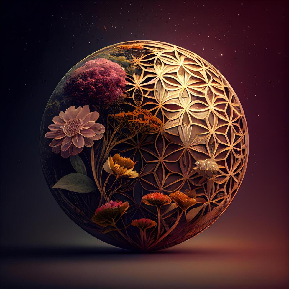 3D rendering of a planet made of wood with flowers and plants, Image photo