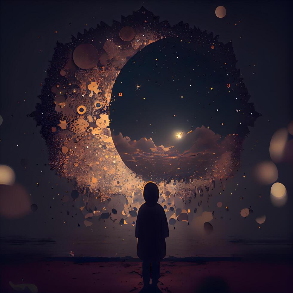 Silhouette of a boy looking at the moon in the night sky, Image photo
