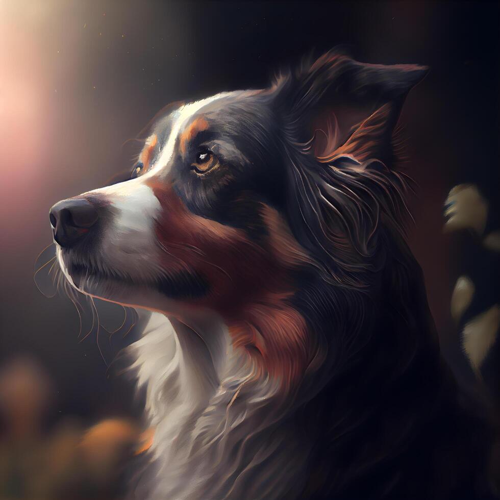 Portrait of an Australian Shepherd on a dark background. Digital painting., Image photo