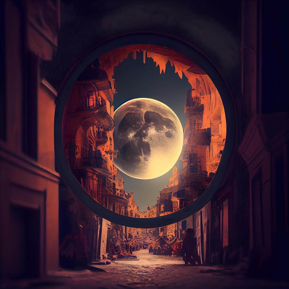 Halloween background with full moon and old town. 3d rendering, Image photo