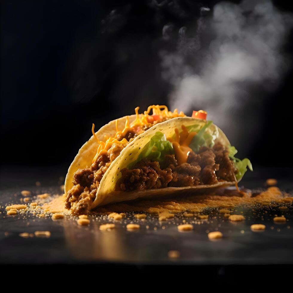 taco con carne y vegetales en un negro antecedentes. mexicano alimento., ai generativo imagen foto