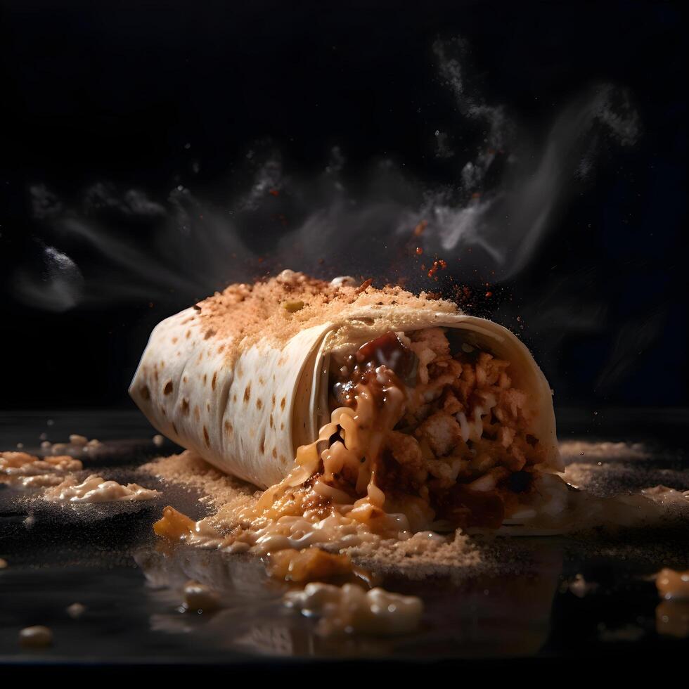 delicious mexican burrito with meat and vegetables on dark background, Image photo