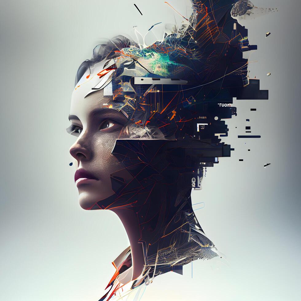 3d rendering of a female head with abstract graphics in the background, Image photo