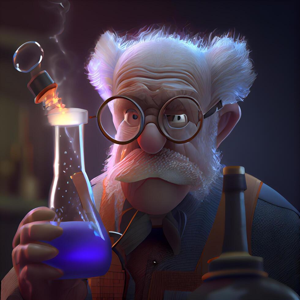 Old scientist with a flask in his hand. 3D illustration., Image photo