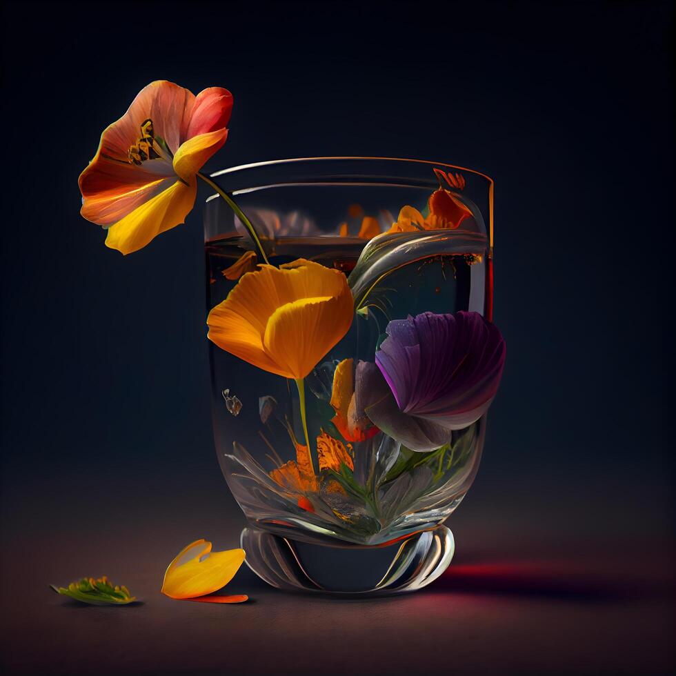 Glass with poppies on a dark background. 3d illustration, Image photo