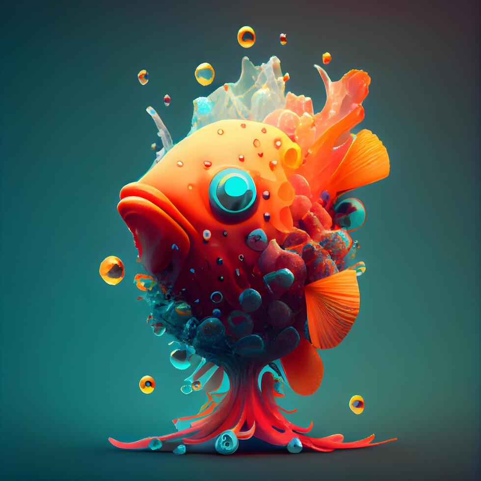 Orange fish with bubbles on blue background. 3d illustration, 3d render, Image photo