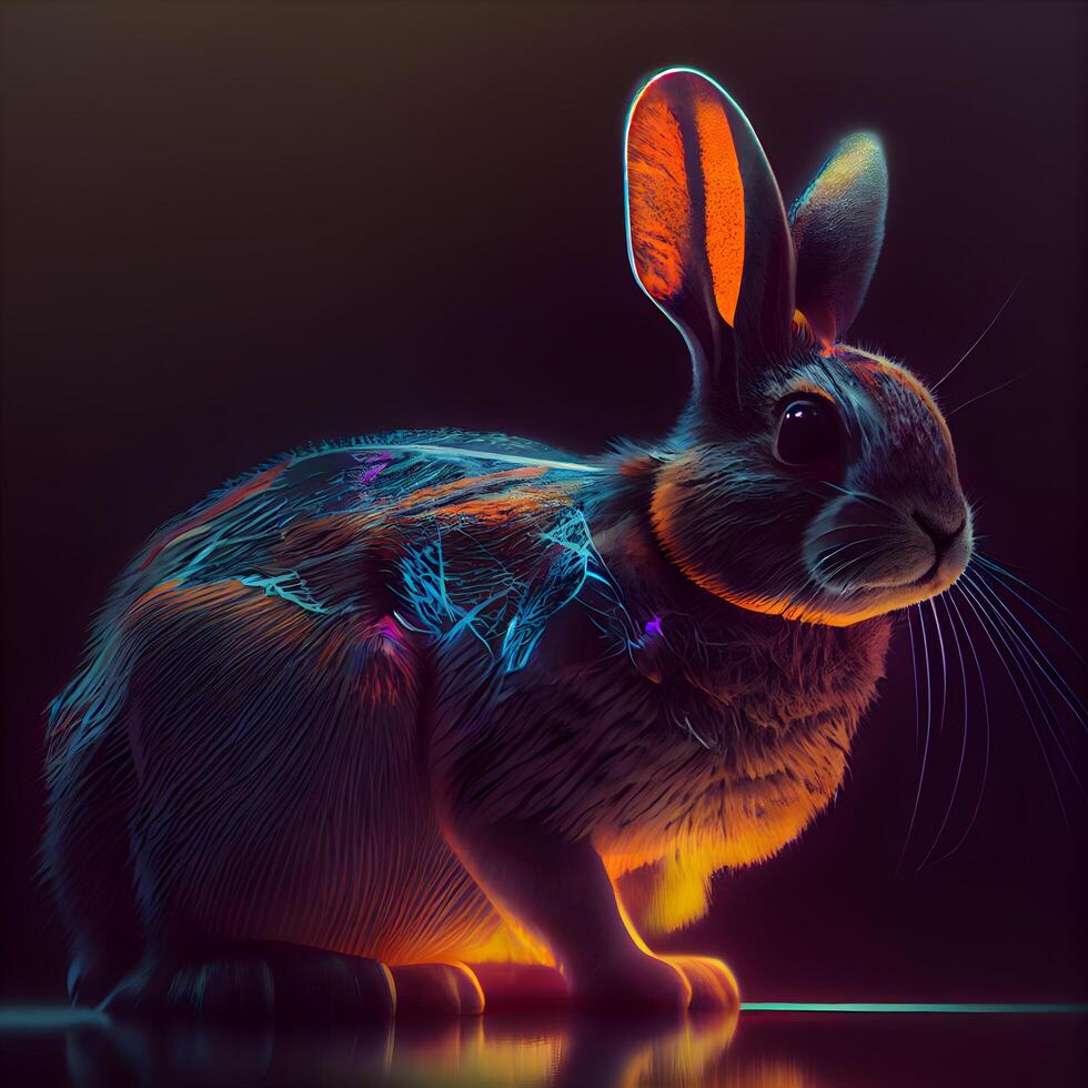 Rabbit in neon light on a dark background. 3d rendering, Image photo