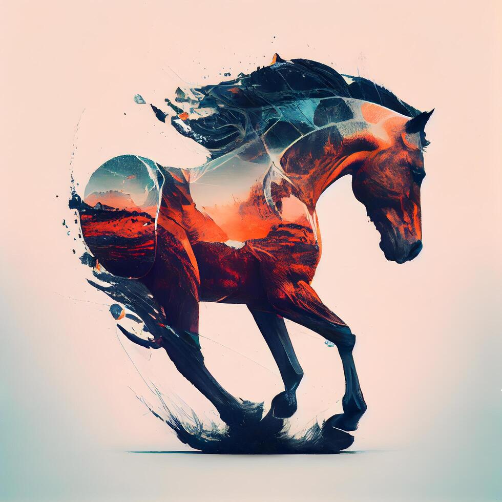 Horse running with color splashes on white background. Digital illustration, Image photo