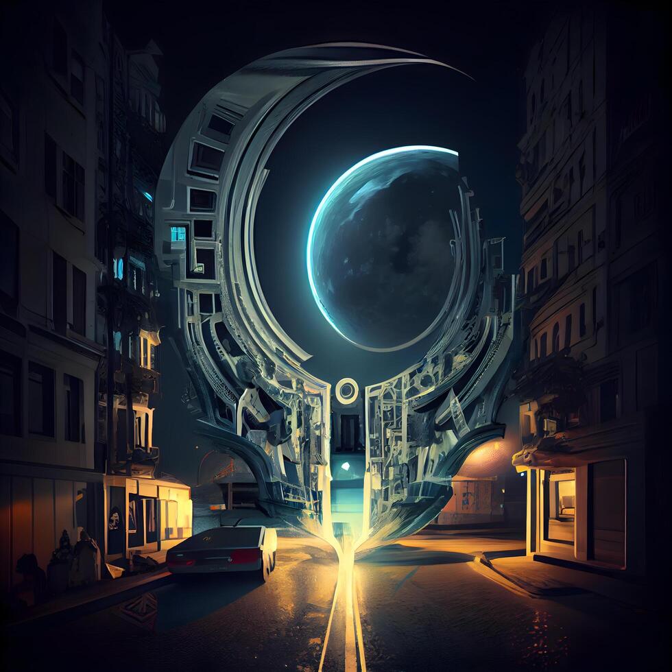 3d rendering of an alien planet in a city street at night, Image photo