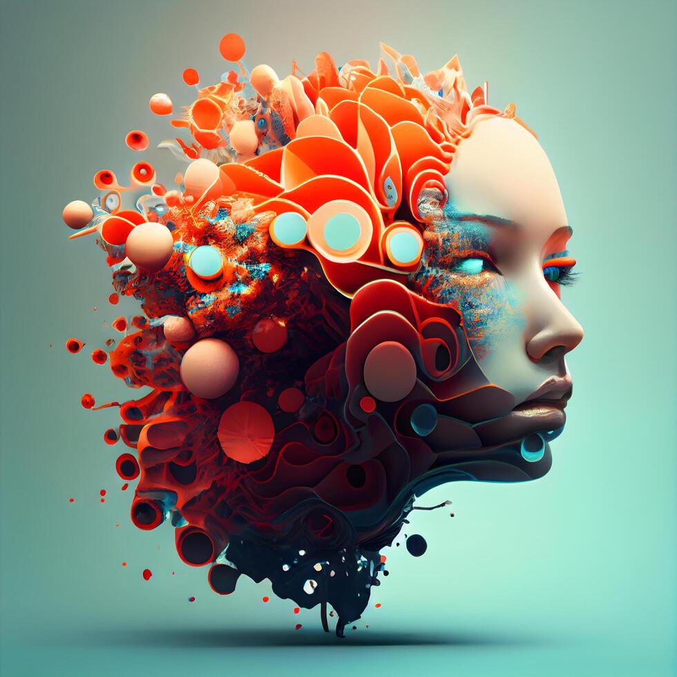 3d illustration of a beautiful female face with abstract colorful hair., Image photo