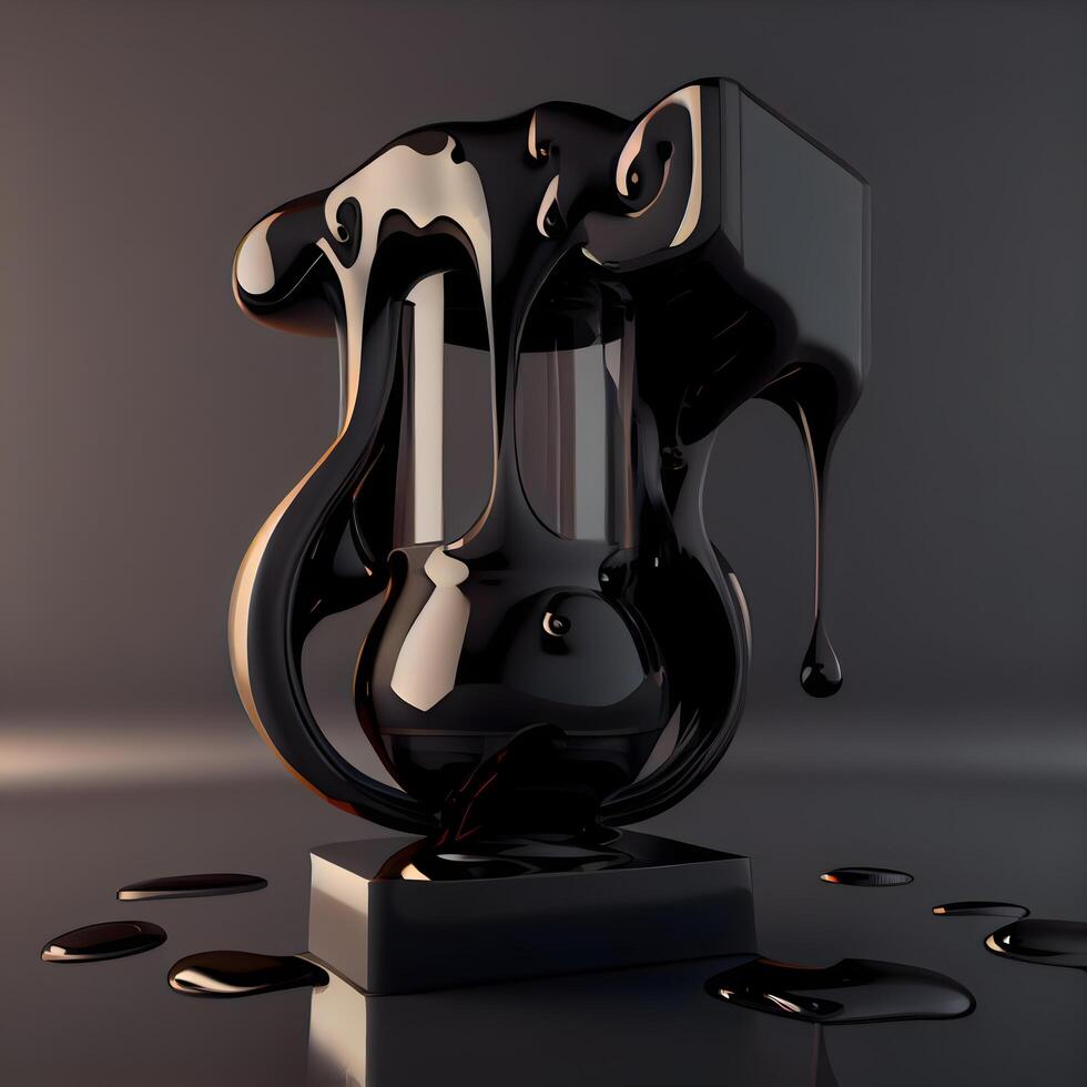 3d illustration of a black jug with liquid chocolate on a dark background, Image photo