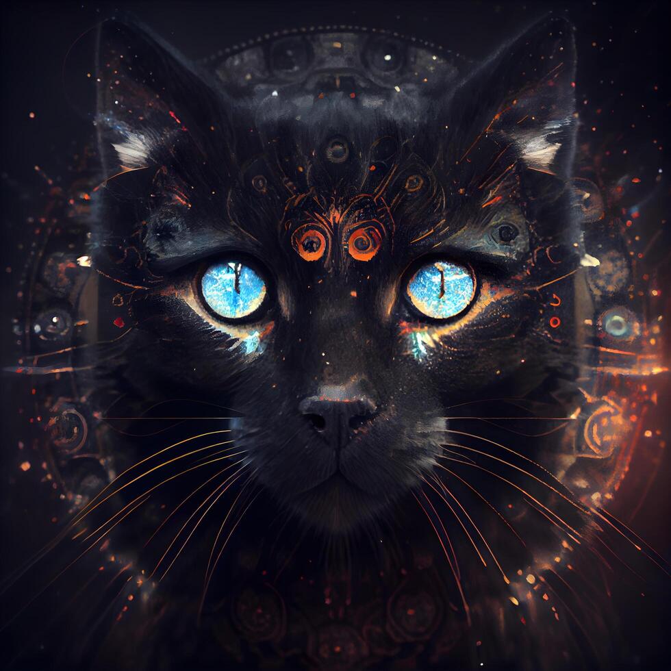 Mystical black cat with blue eyes and ornamental ornaments on black background, Image photo