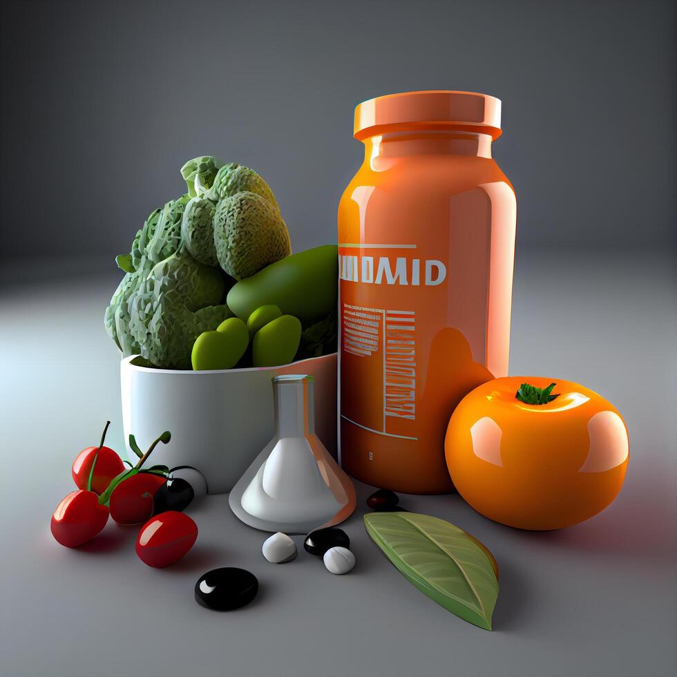 3d illustration of fruits and vegetables with vitamins in a glass bottle, Image photo