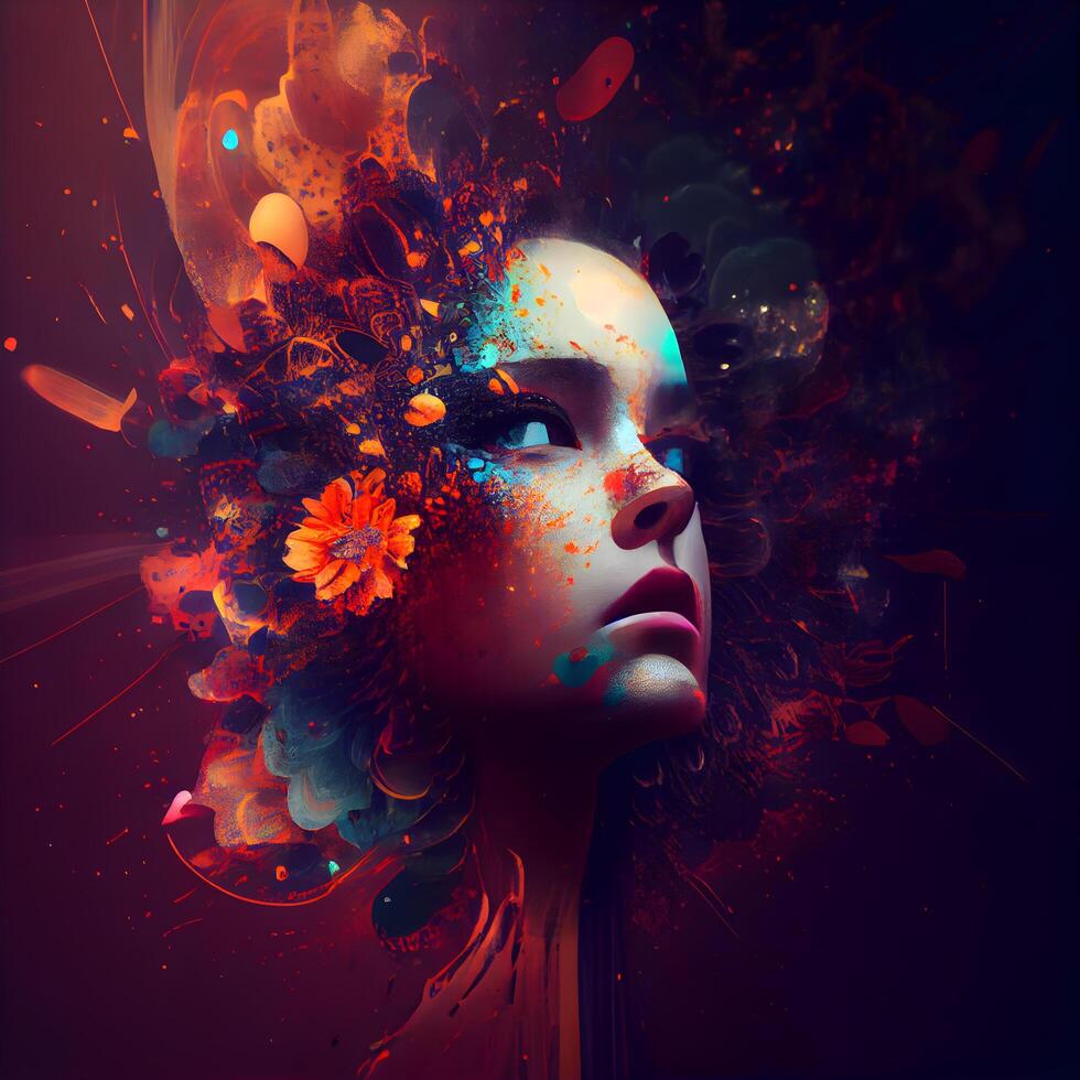 Beautiful girl with flowers in her hair. 3D rendering., Image photo