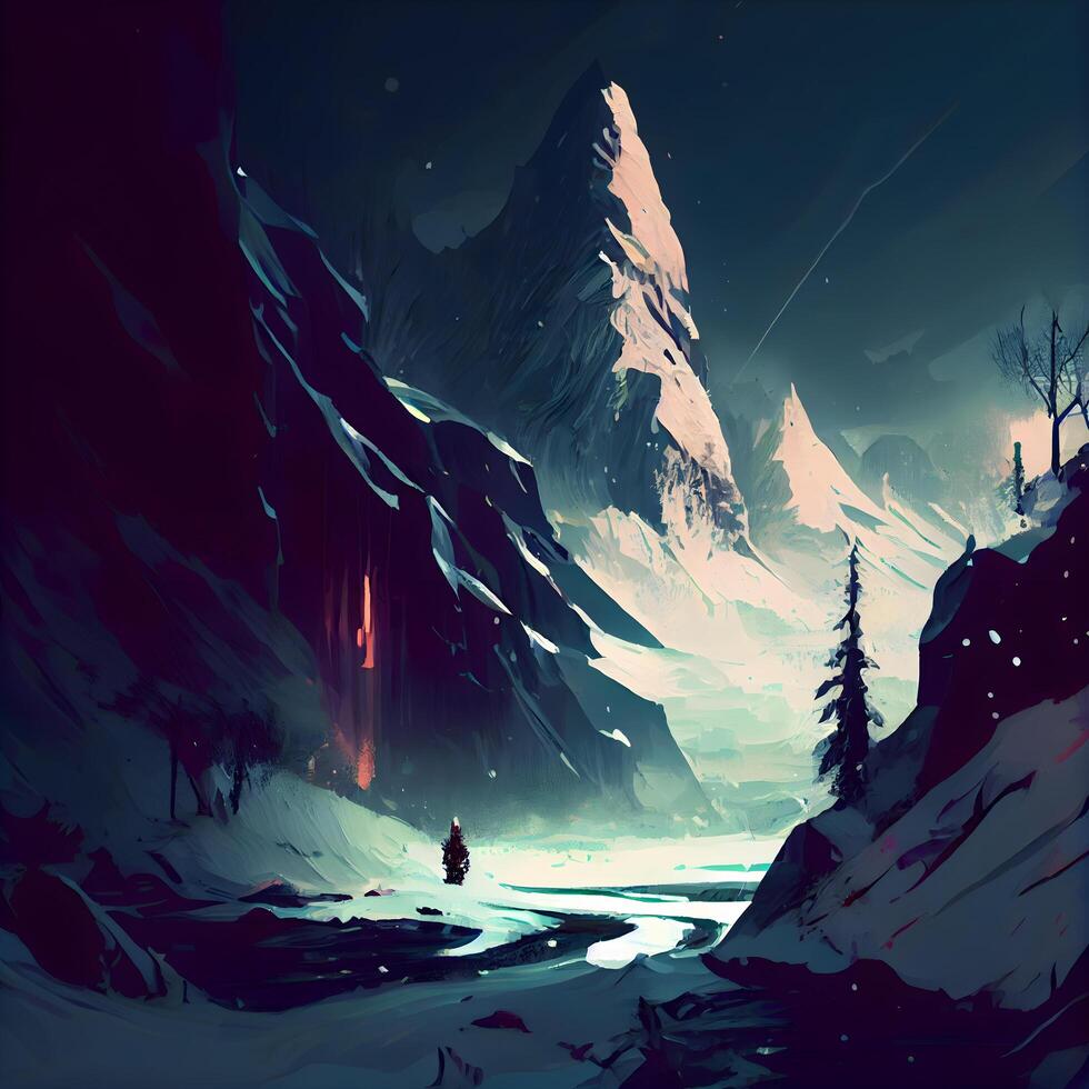 Winter landscape with mountains, trees and river. Digital painting on canvas., Image photo