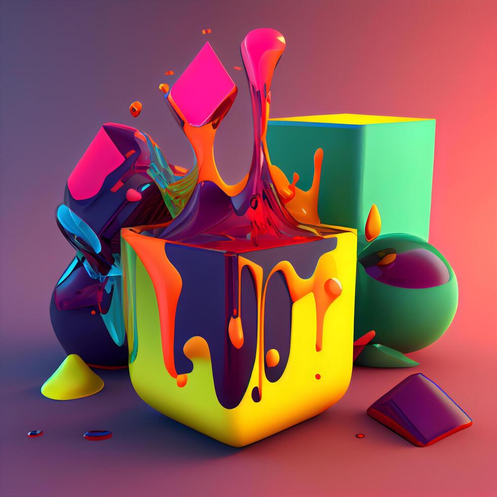 3d render of cube with colorful paint splashing on it., Image photo