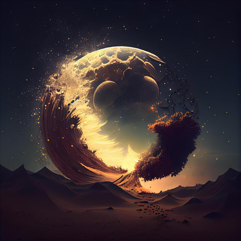 Surreal planet in the desert. 3D illustration. Vintage style., Image photo