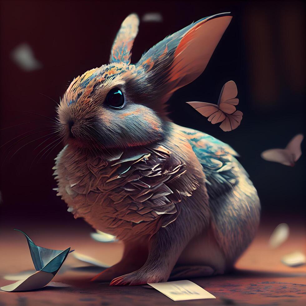 Rabbit with a butterfly on the background. 3d rendering., Image photo