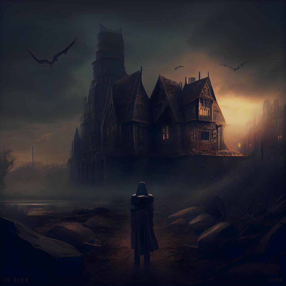 Halloween background with haunted house and witch. Digital painting illustration., Image photo