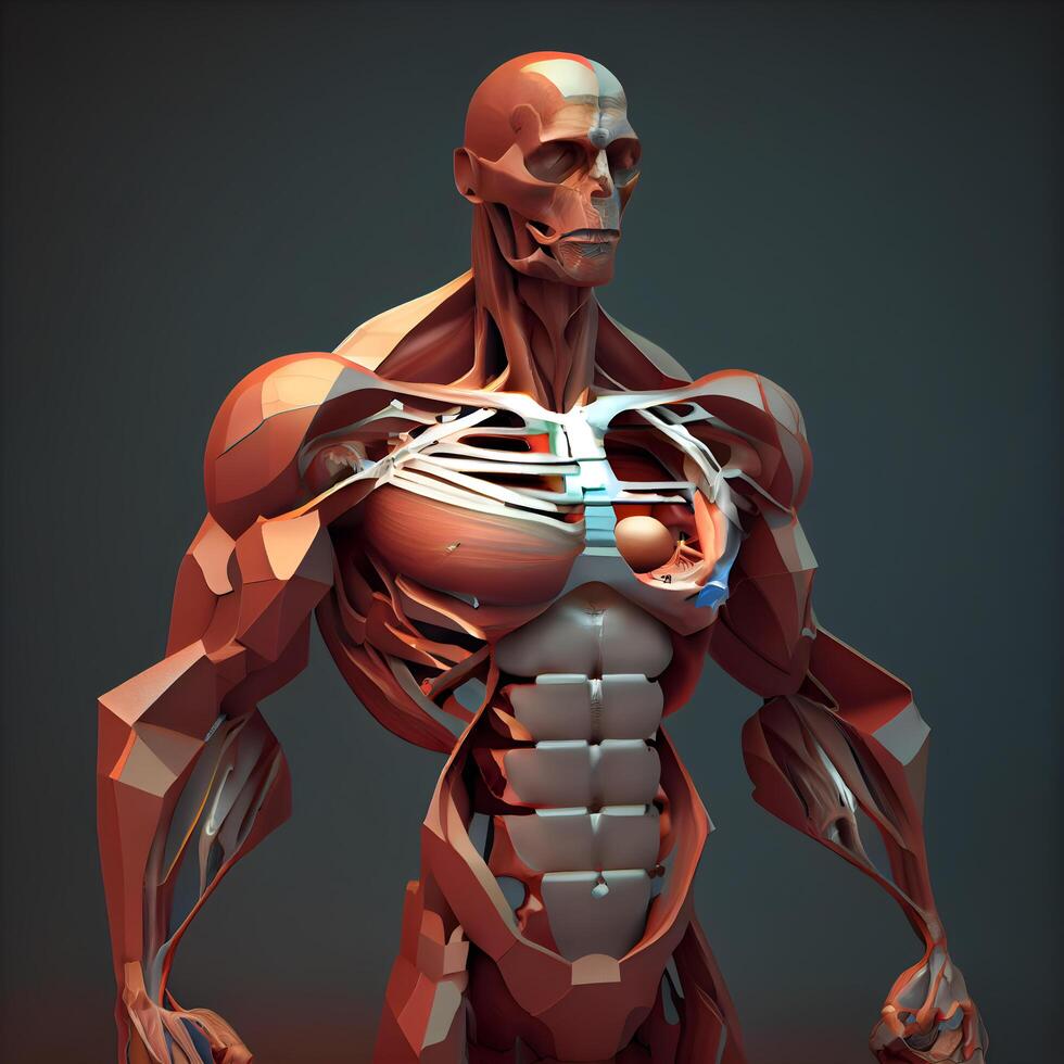 3D render of a male anatomy with muscles and circulatory system, Image photo