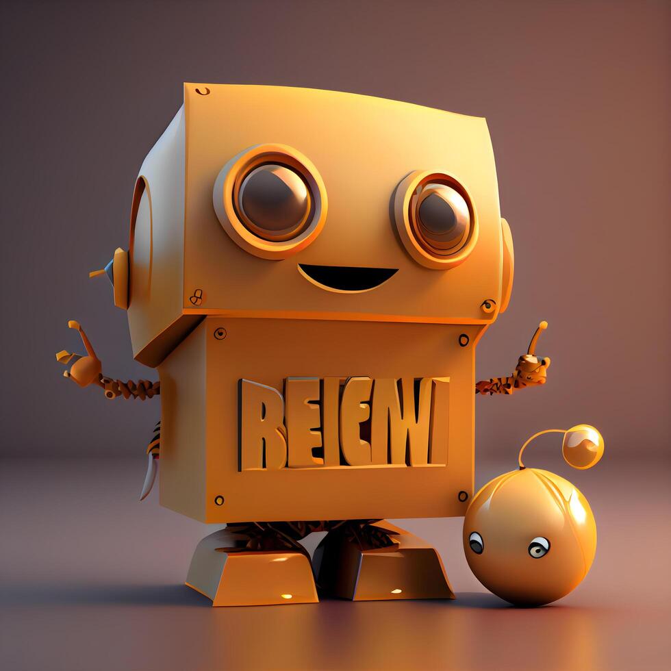 3d render of cute robot with the word rent on its chest, Image photo