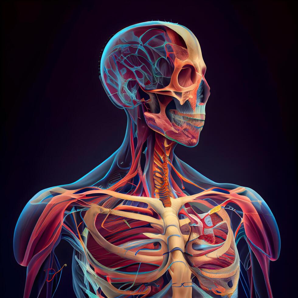 Human skeleton anatomy with muscles, bones and circulatory system on dark background, Image photo