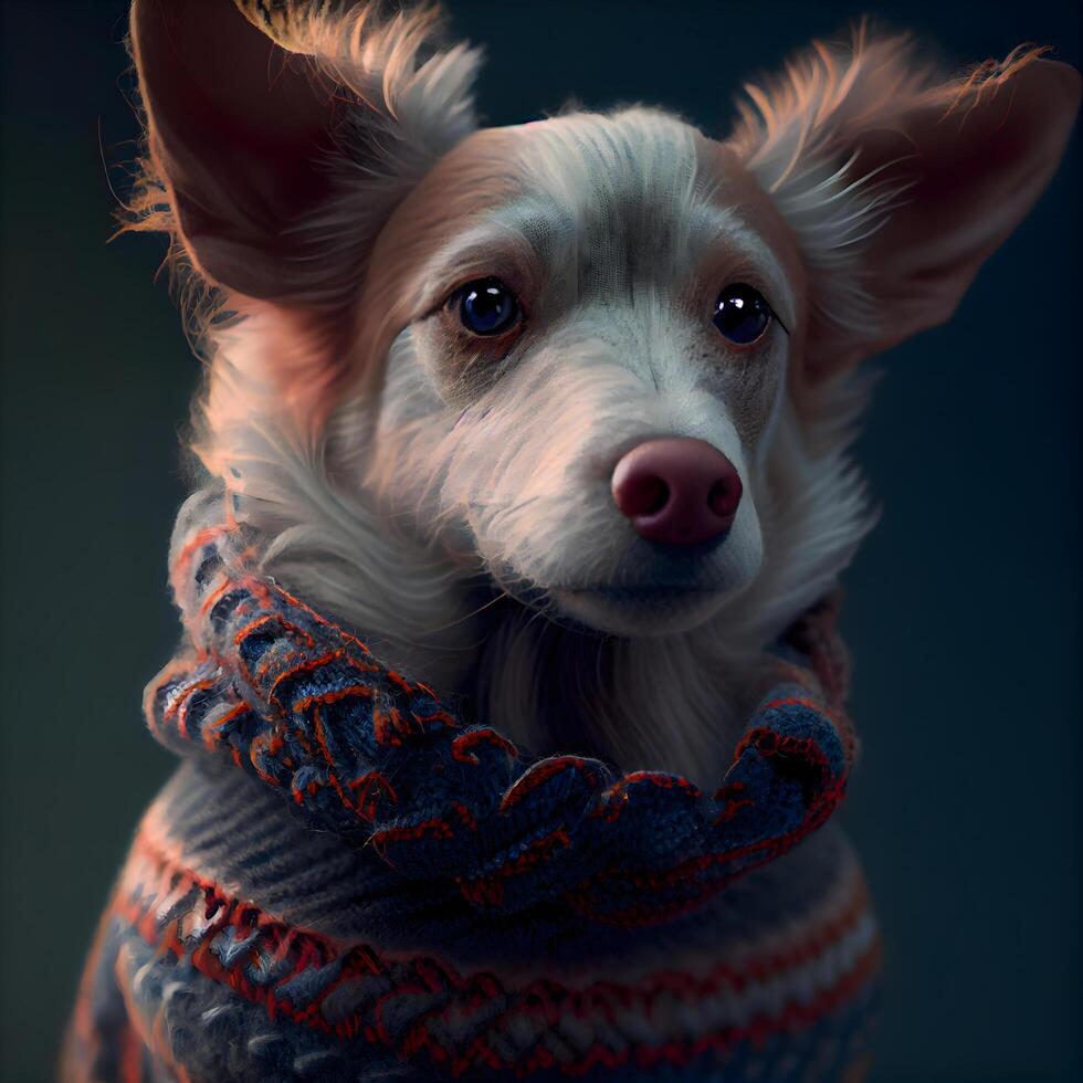 Portrait of a dog in a scarf on a dark background., Image photo