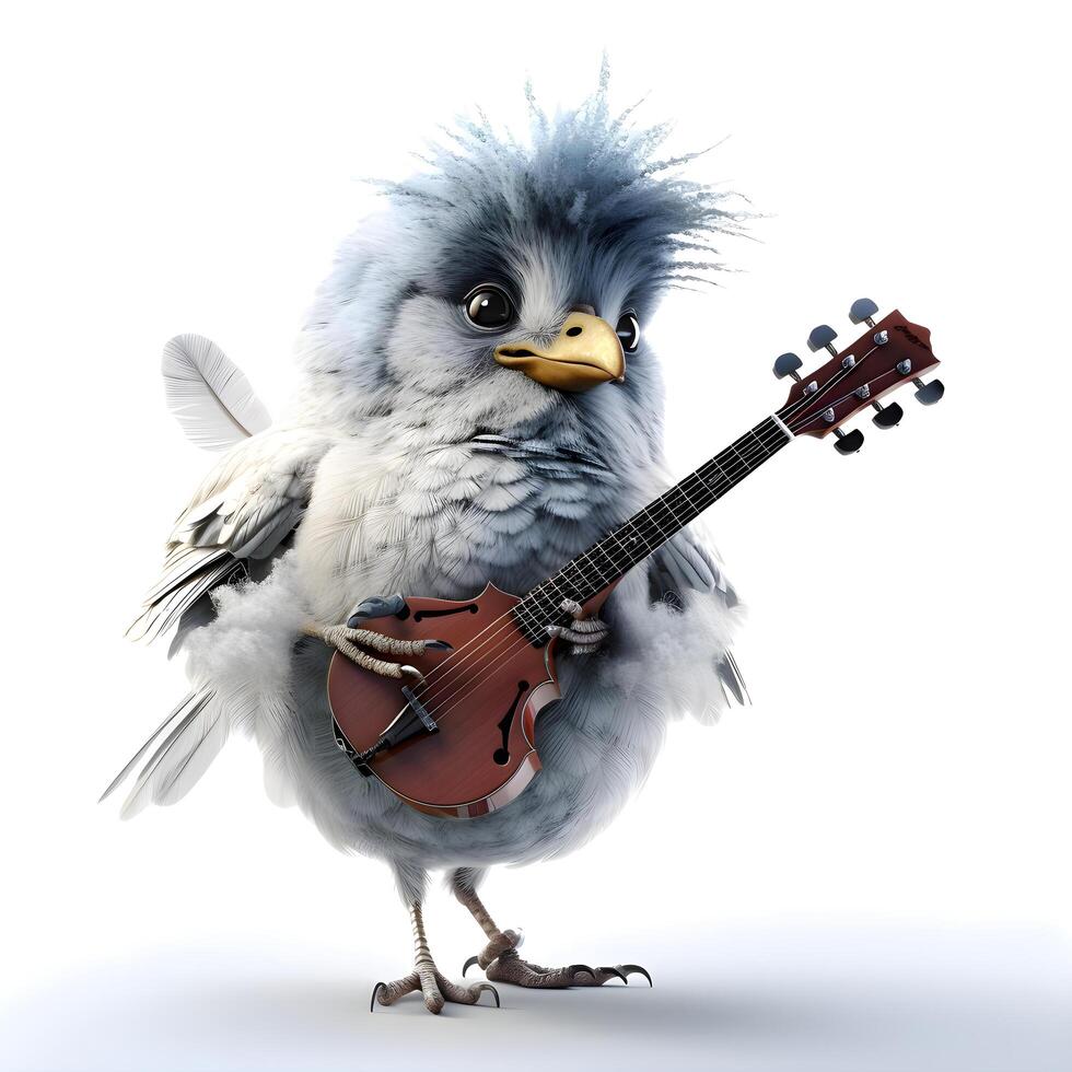 Funny parrot with guitar isolated on white background. 3D illustration., Image photo