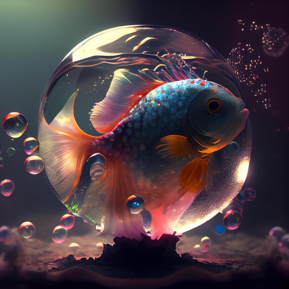 hermosa pez de colores en un vaso pelota. 3d ilustración., ai generativo imagen foto