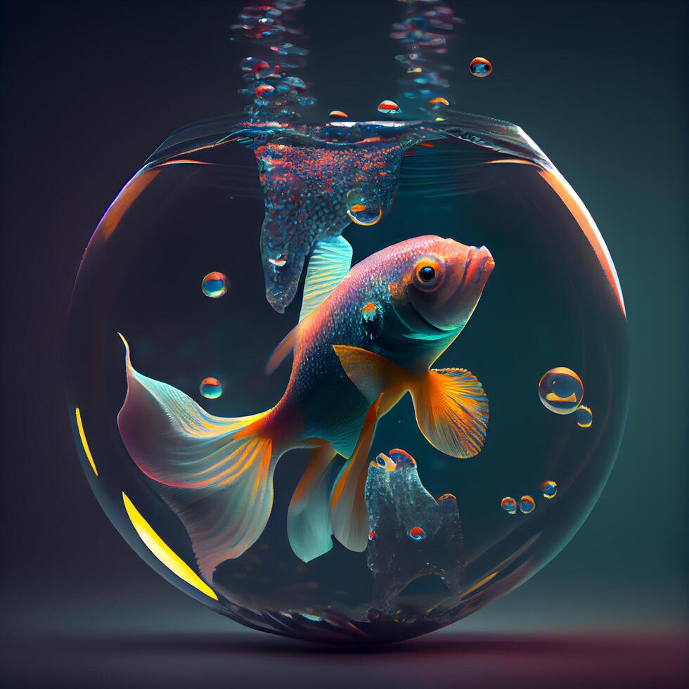 Goldfish in a round glass aquarium. 3D rendering. Underwater world., Image photo
