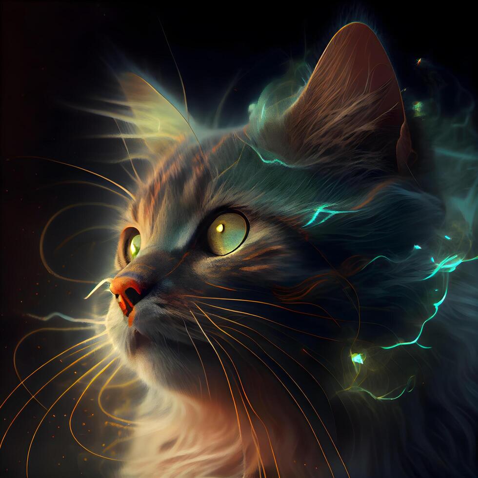 Fantasy cat with green eyes and magic lights on a black background, Image photo