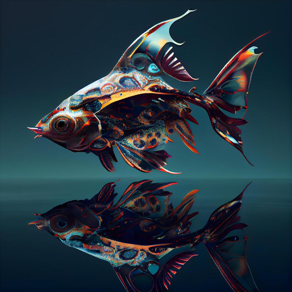 Abstract fish with a pattern on a dark background. 3d rendering, Image photo