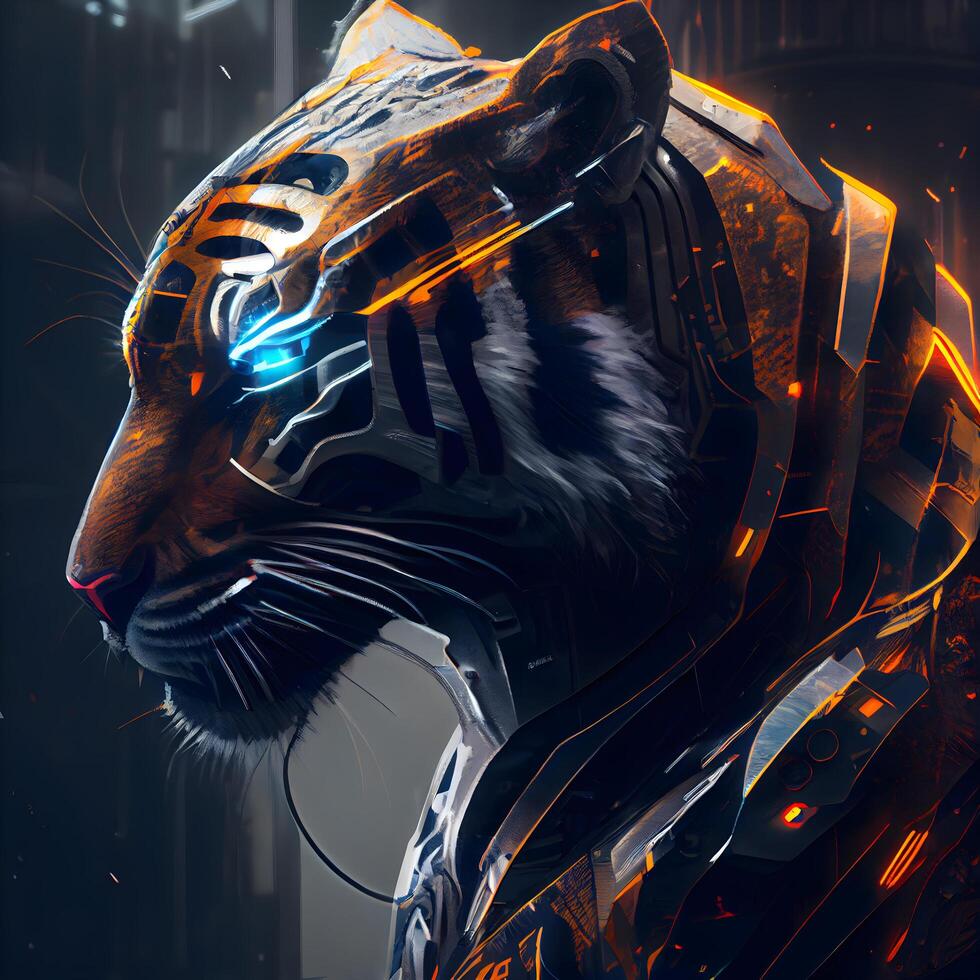 Close-up portrait of a tiger in a futuristic space suit., Image photo