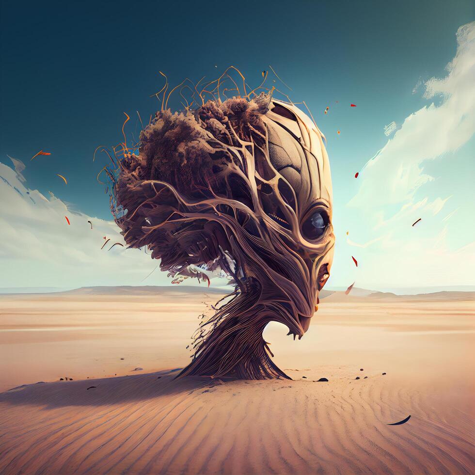 3d rendering of an alien in the desert with a tree in the foreground, Image photo