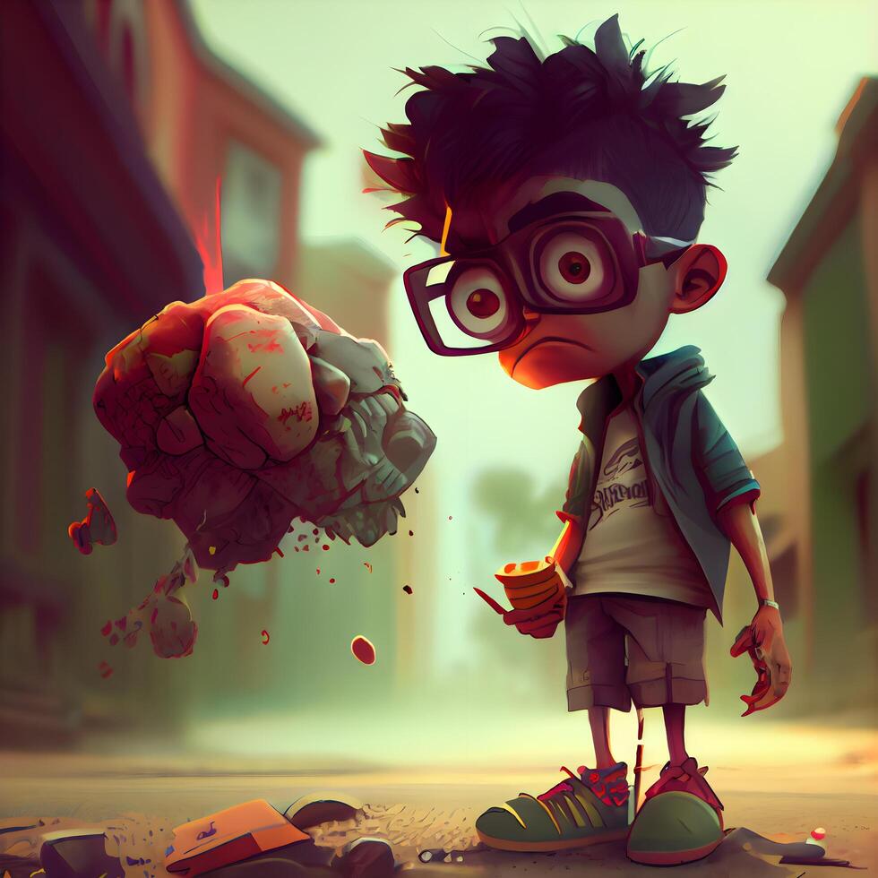 Little boy playing with a bloody brain on the street. Halloween concept., Image photo