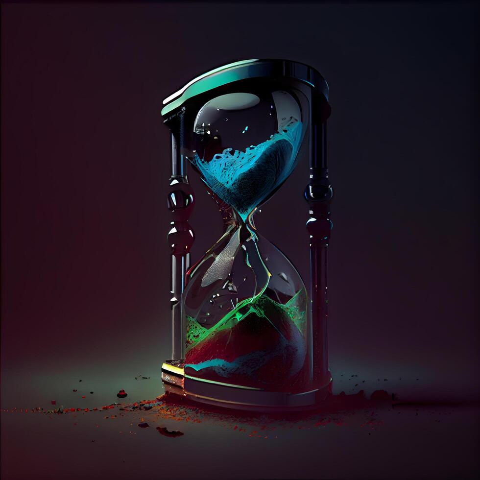 reloj de arena con fluido arena en oscuro antecedentes. 3d ilustración., ai generativo imagen foto