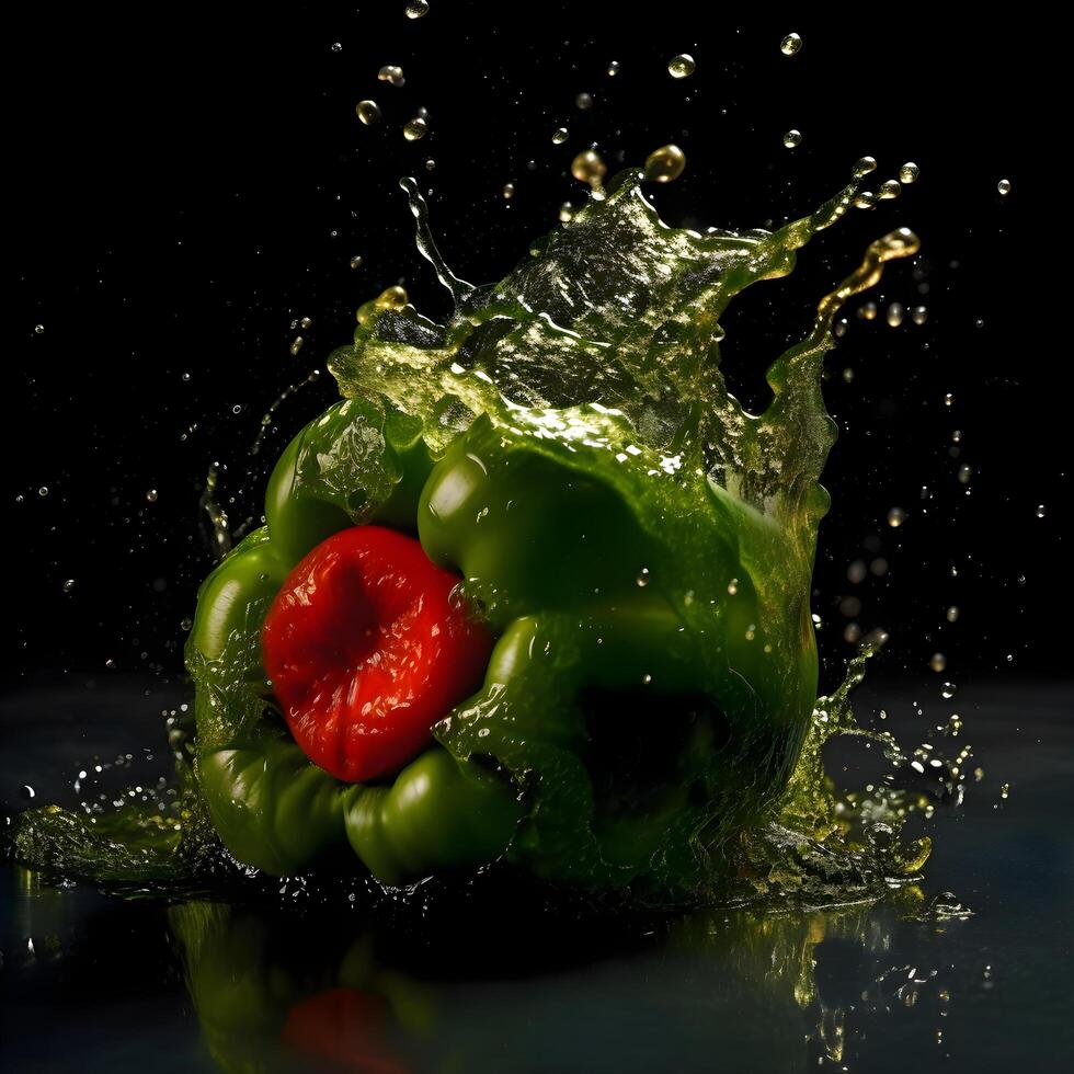 Green pepper with cherry tomato and splashes of water on black background, Image photo