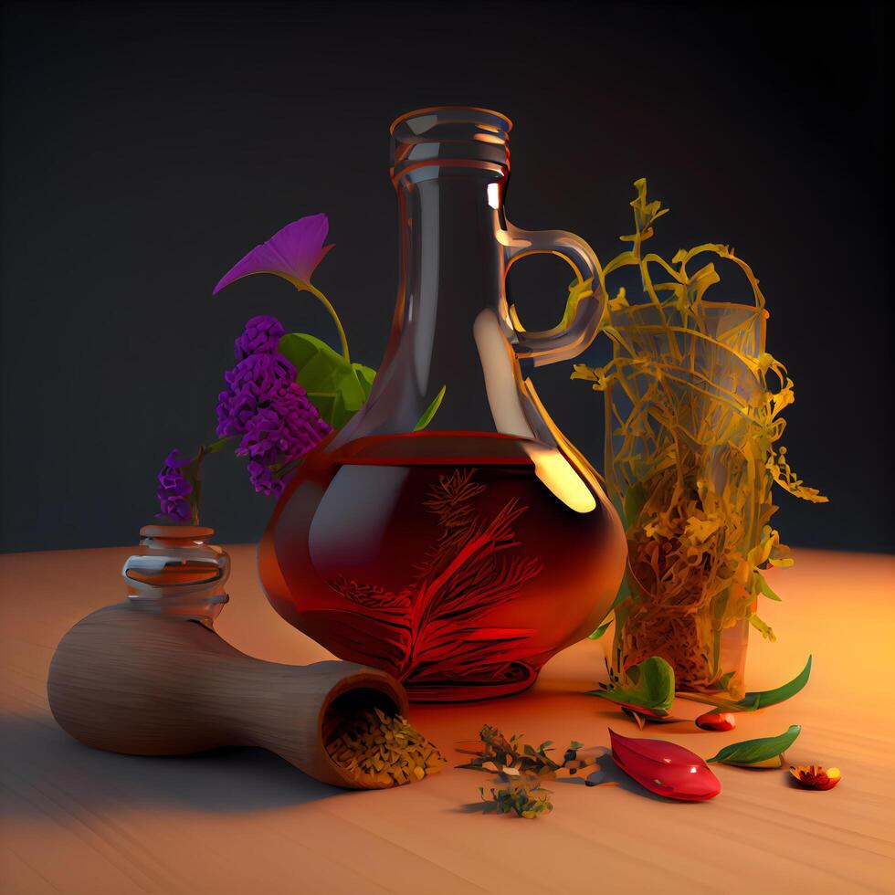 Bottle of rose wine and a wooden mortar on a wooden table, Image photo