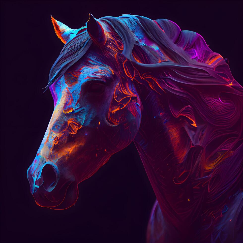 Horse portrait in neon light. Digital painting. 3d rendering, Image photo