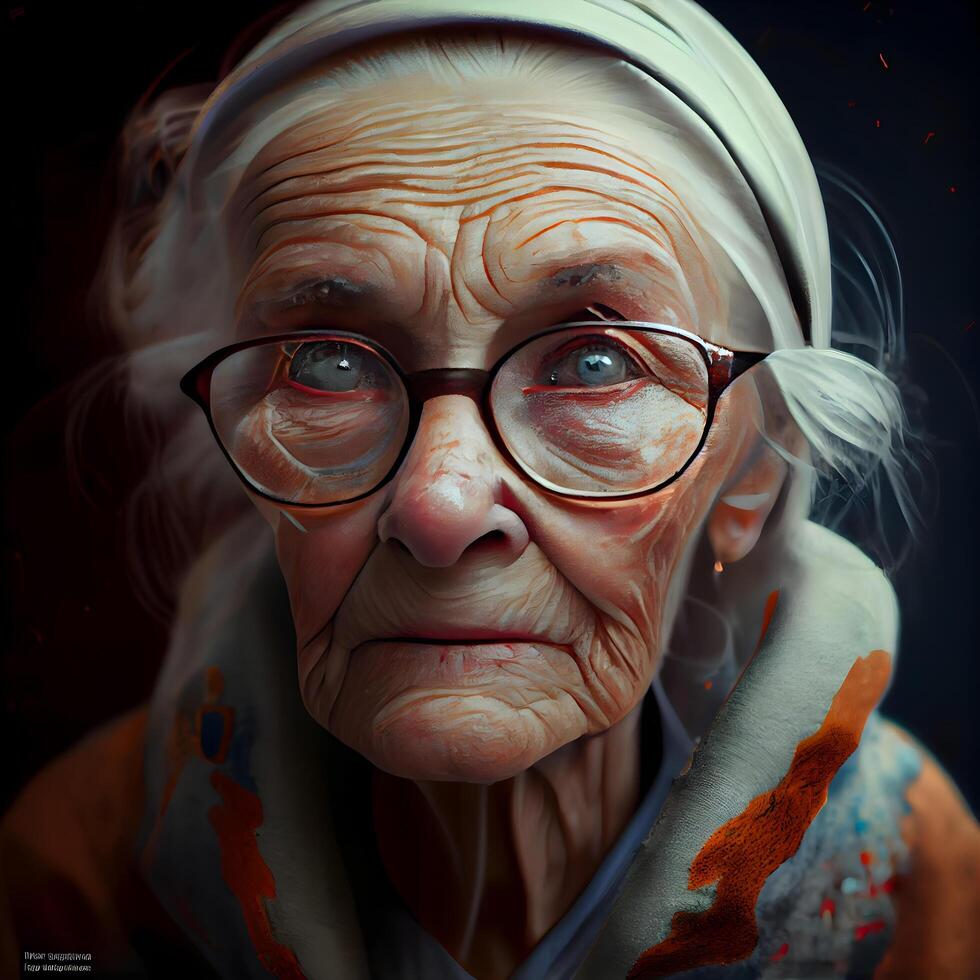 Portrait of an old woman with paint on her face and glasses, Image photo