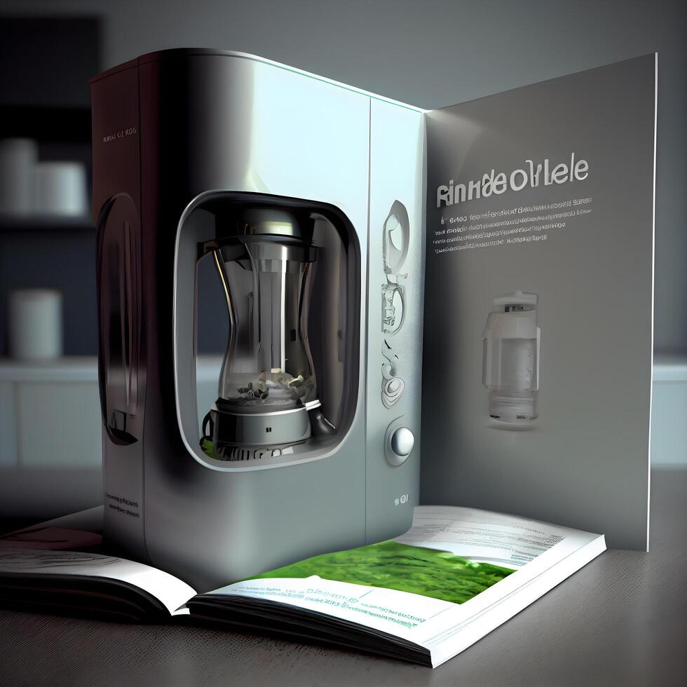3d rendering of an electric coffee grinder with a book in the background, Image photo